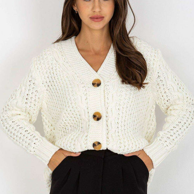 Elegant Heart Neckline Button Up Sweater Parisian Style