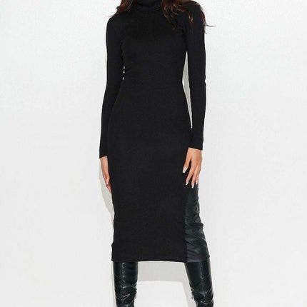 Chic Black Ribbed Knit Dress with Faux Leather Touch
