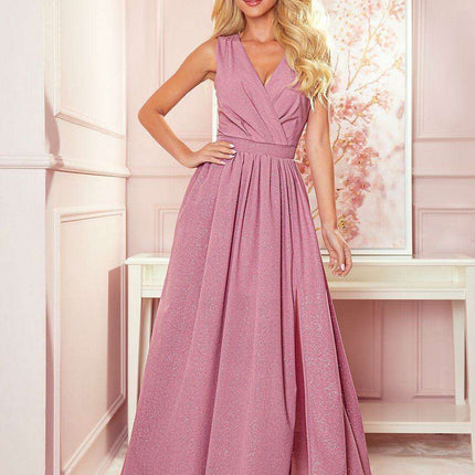 Chic Beige Brocade Maxi Gown with Alluring Side Slit by Numoco