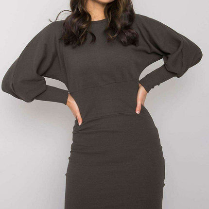 Elegant Ribbed Midi Dress With Chic Puff Sleeves For Events