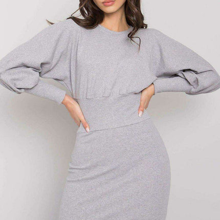 Elegant Ribbed Midi Dress With Chic Puff Sleeves For Events