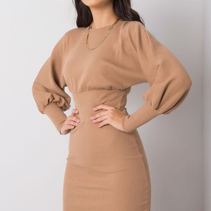 Elegant Ribbed Midi Dress With Chic Puff Sleeves For Events - Très Elite