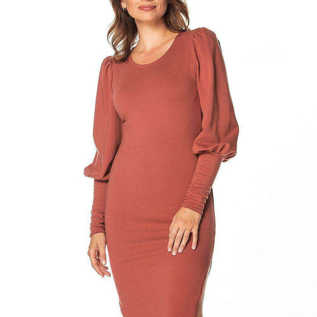 Chic Knit Boatneck Midi Dress with Elegant Buff Sleeves