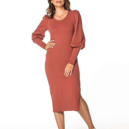 Chic Knit Boatneck Midi Dress with Elegant Buff Sleeves