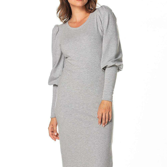 Chic Boat Neck Knit Midi Dress with Elegant Buff Sleeves