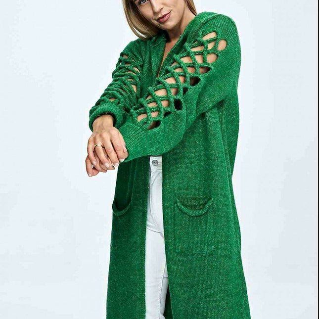 Stylish Openwork Sleeve Hooded Cardigan