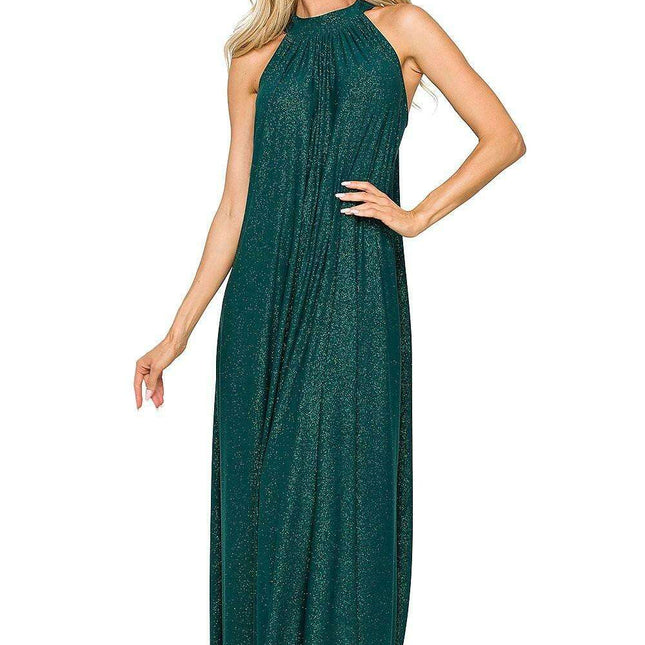 Elegant Brocade Halter Maxi Dress with Adjustable Tie Waist