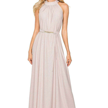 Elegant Brocade Halter Maxi Dress with Adjustable Tie Waist