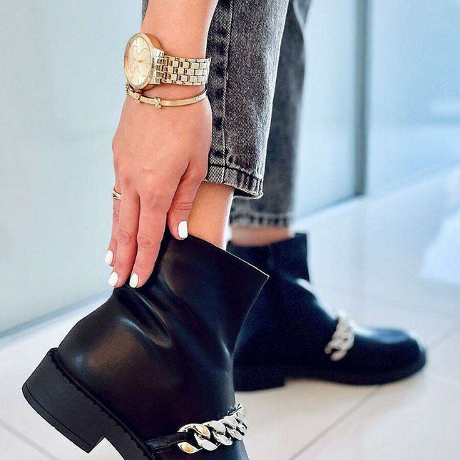 Stylish Women's Eco-Friendly Leather Boots with Metallic Chain - Model 173539