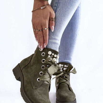 Elegant Women's Eco-Leather Boots with Pearl and Rhinestone Details