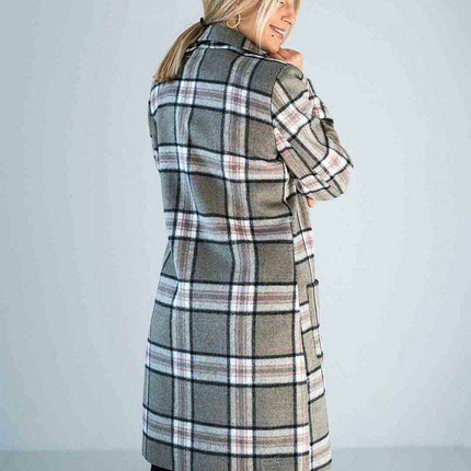 Chic Checked Knee-Length Outerwear with Stylish Collar