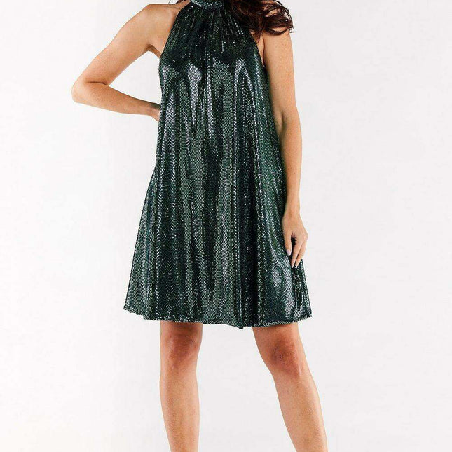 Elegant Ruffled Neck Flare Evening Dress with Cozy Stretch Lining