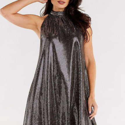 Elegant Ruffled Neck Flare Evening Dress with Cozy Stretch Lining