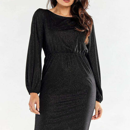 Chic Backless Evening Dress with Stretchy Waist and Stylish Sleeves
