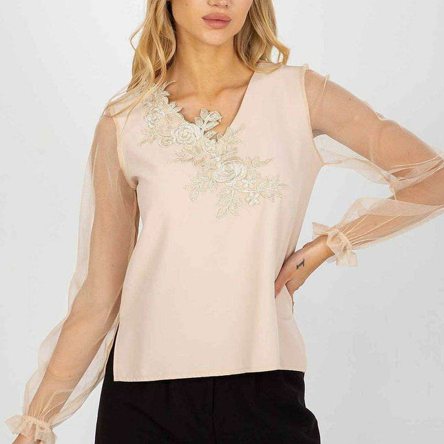Charming Mesh Sleeve Blouse with Heart-Shaped Neckline