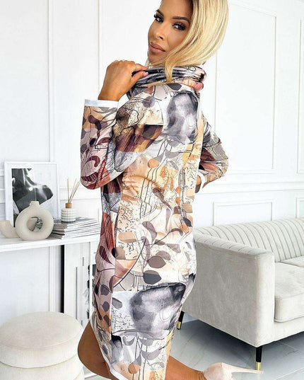 Elegant Brown Print Turtleneck Dress by Numoco