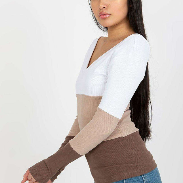 Chic Ribbed Long Sleeve Blouse With Heart Neckline Parisian