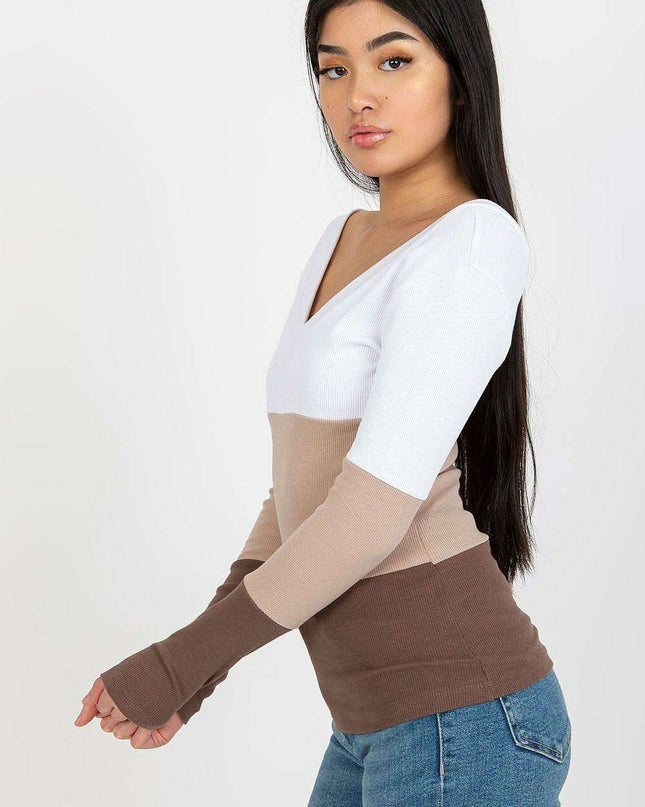 Chic Ribbed Long Sleeve Blouse With Heart Neckline Parisian