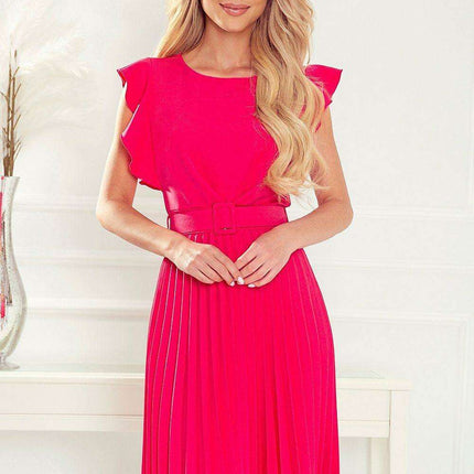 Peach Pleated Day Dress with Stylish Belt and Hidden Zipper