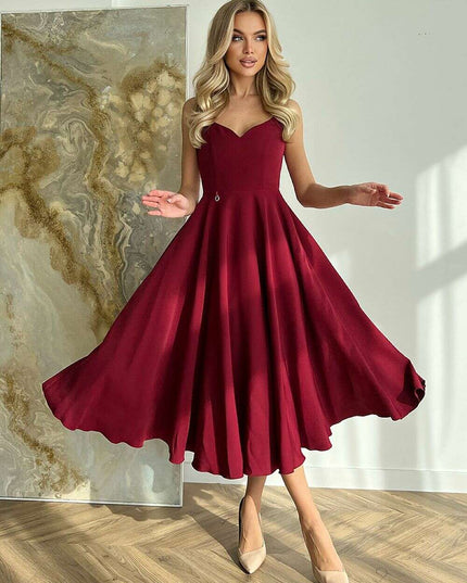 Chic Strapless Flare Midi Dress with Exposed Shoulders