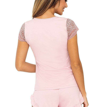 Powder Pink Heart-Neck Pajama Set with Elegant Lace Trim