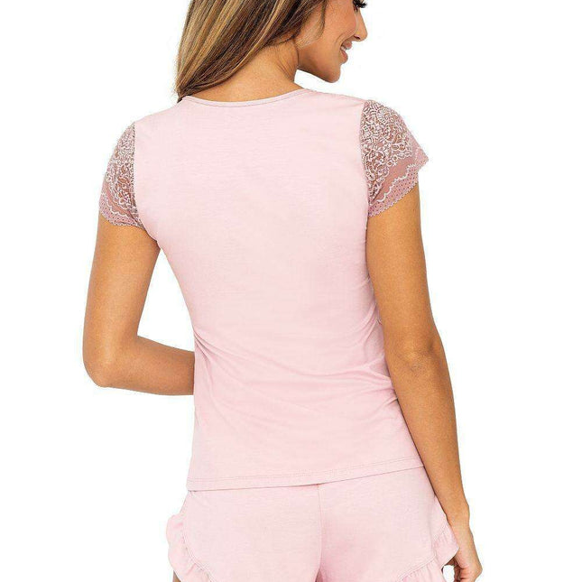 Powder Pink Heart-Neck Pajama Set with Elegant Lace Trim