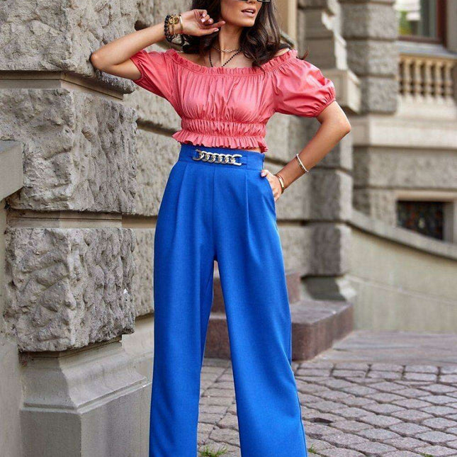 Retro-Inspired Chain-Detail High-Waisted Bell-Bottom Trousers by Roco Fashion