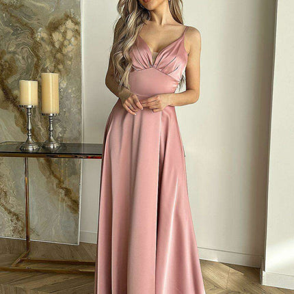 Chic Strappy Satin Evening Gown with Elegant Cut-Out Design and Flowing Skirt
