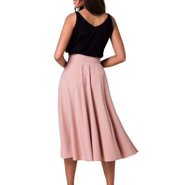 Elegant High-Waisted Flared Midi Skirt with Button Accents