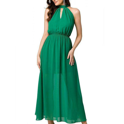 Chic Chiffon Halter Midi Dress with Defined Waist and Stylish Belt