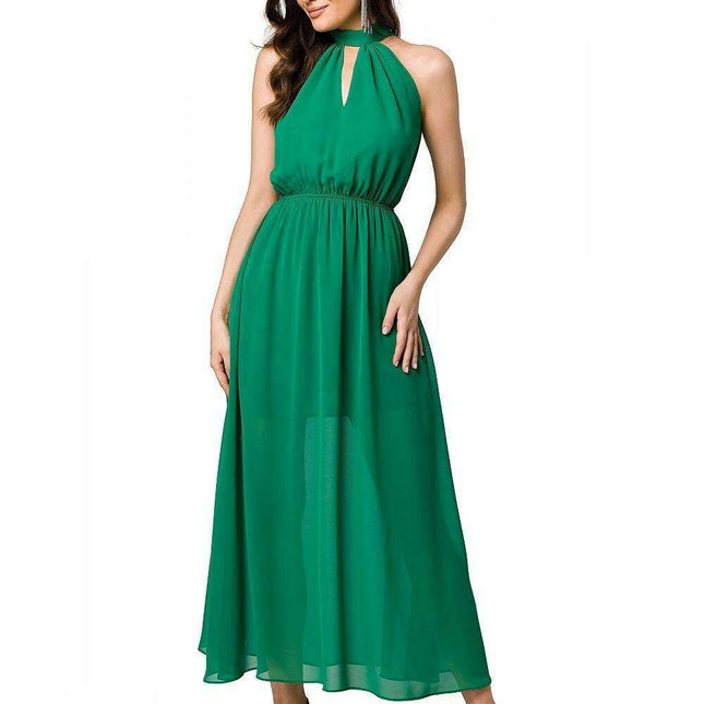 Chic Chiffon Halter Midi Dress with Defined Waist and Stylish Belt