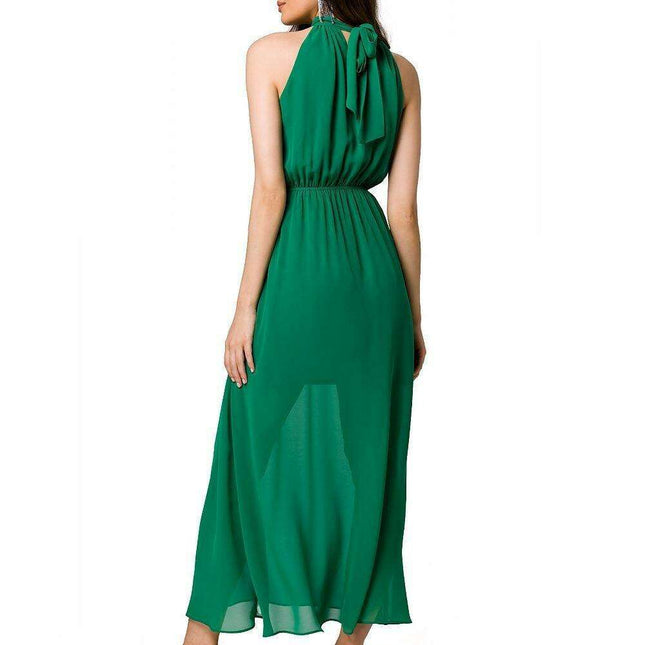 Chic Chiffon Halter Midi Dress with Defined Waist and Stylish Belt