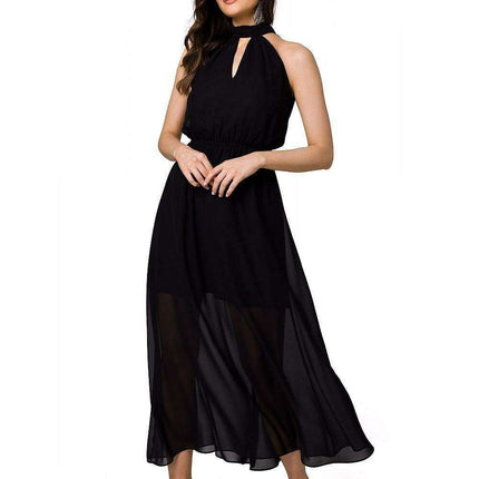 Chic Chiffon Halter Midi Dress with Defined Waist and Stylish Belt
