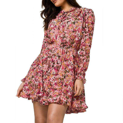 Chic Floral Chiffon Mini Dress with Frill Sleeves and Tie Waist