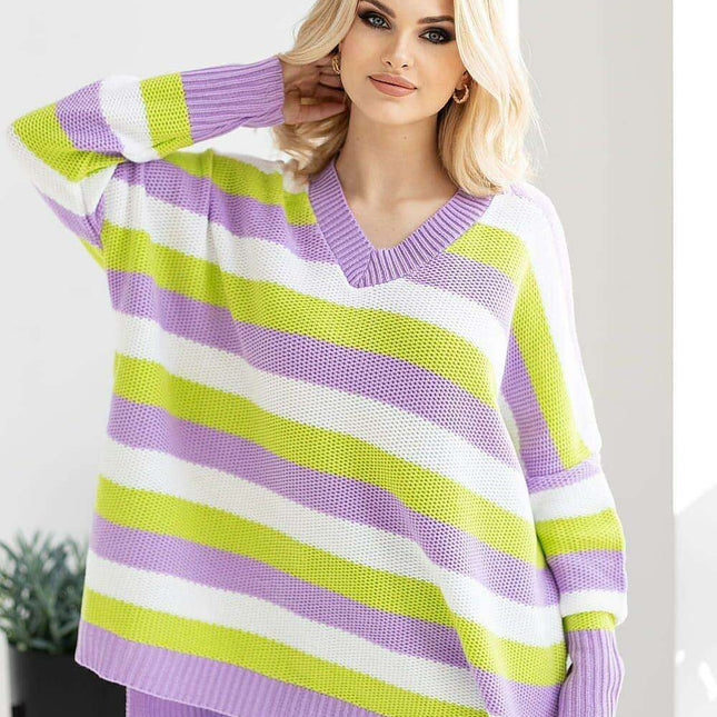 Colorful Heart-Embellished Striped Knit Sweater