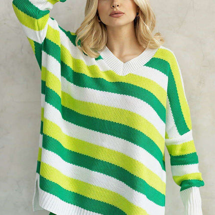 Colorful Heart-Embellished Striped Knit Sweater