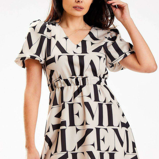 Elegant Beige Crepe Mini Dress with Heart Neckline and Elastic Waist - Daydress Awama