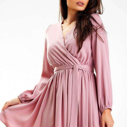 Trendy Belted Long Sleeve Mini Dress with Flexible Waistband