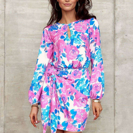 Elegant Teardrop Neckline Mini Dress with Adjustable Waist Tie