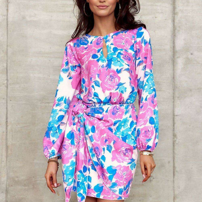 Elegant Teardrop Neckline Mini Dress with Adjustable Waist Tie