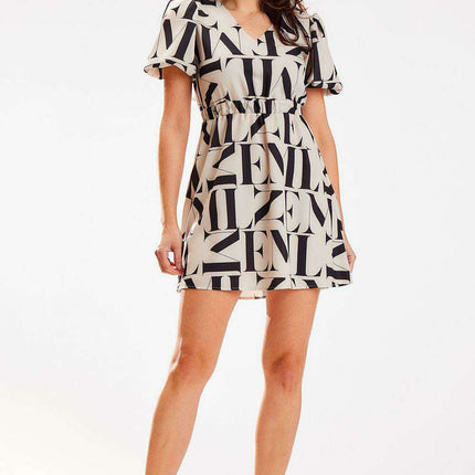 Elegant Beige Crepe Mini Dress with Heart Neckline and Elastic Waist - Daydress Awama