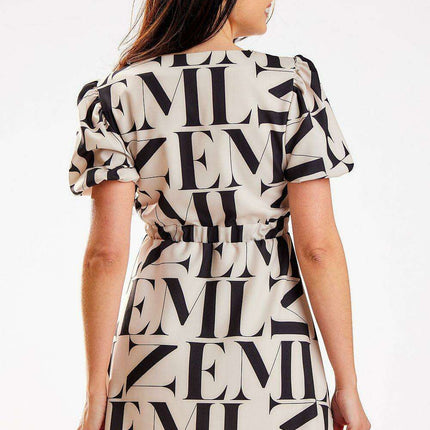 Elegant Beige Crepe Mini Dress with Heart Neckline and Elastic Waist - Daydress Awama