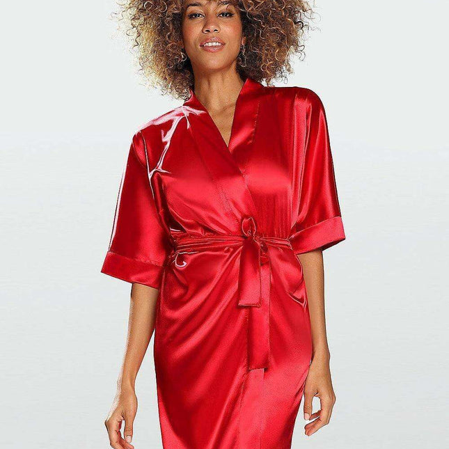 Elegant Stretch Satin Short Robe with Adjustable Waist Tie for Women