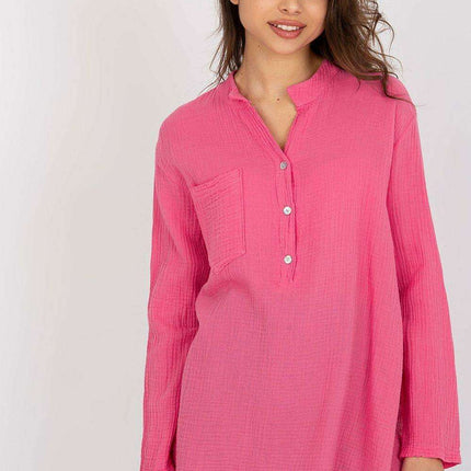 Cotton Muslin V-Neck Blouse with Pocket and Button Front Closure