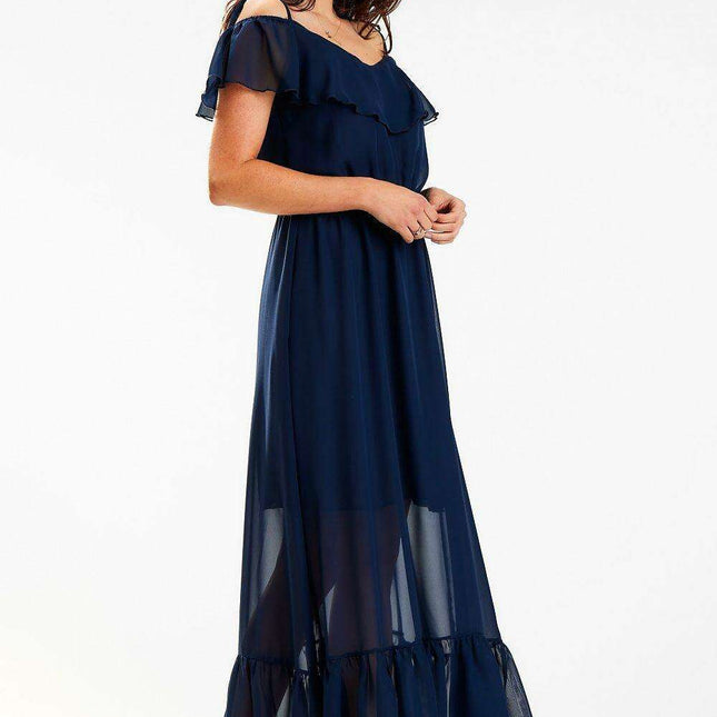 Elegant Spanish Ruffle Chiffon Maxi Dress with Stretchy Waistband