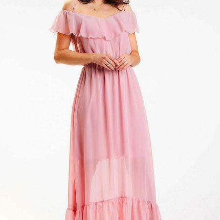 Elegant Spanish Ruffle Chiffon Maxi Dress with Stretchy Waistband