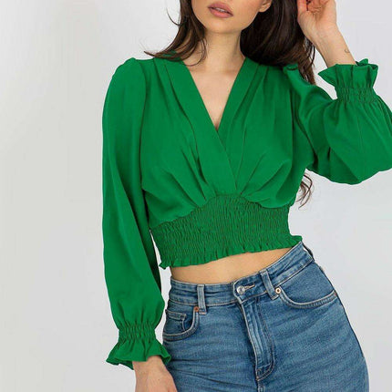 Elegant Envelope Neck Blouse With Stretch Waistband
