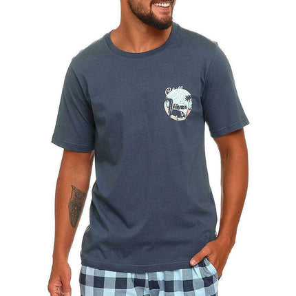 Sophisticated Men's Cotton Lounge Ensemble - Chic Short Sleeve Top with Trendy Trousers