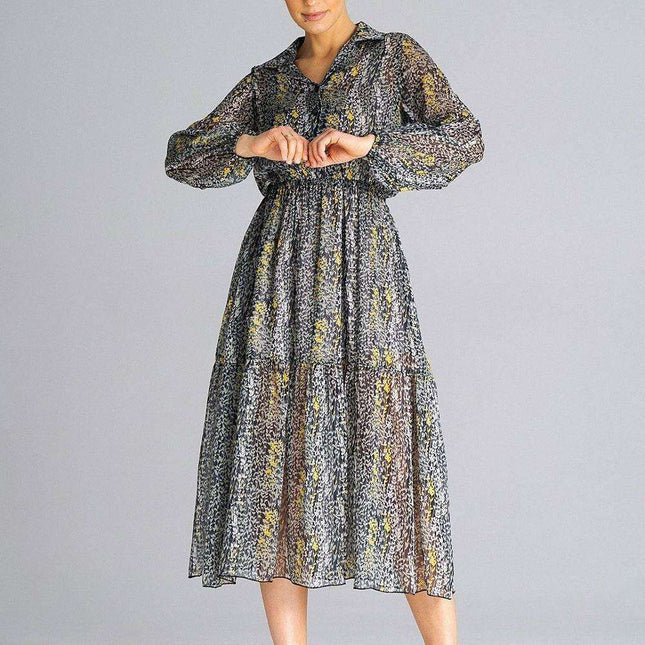 Elegant Floral Midi Dress with Ruffled Hem and Chic Collar