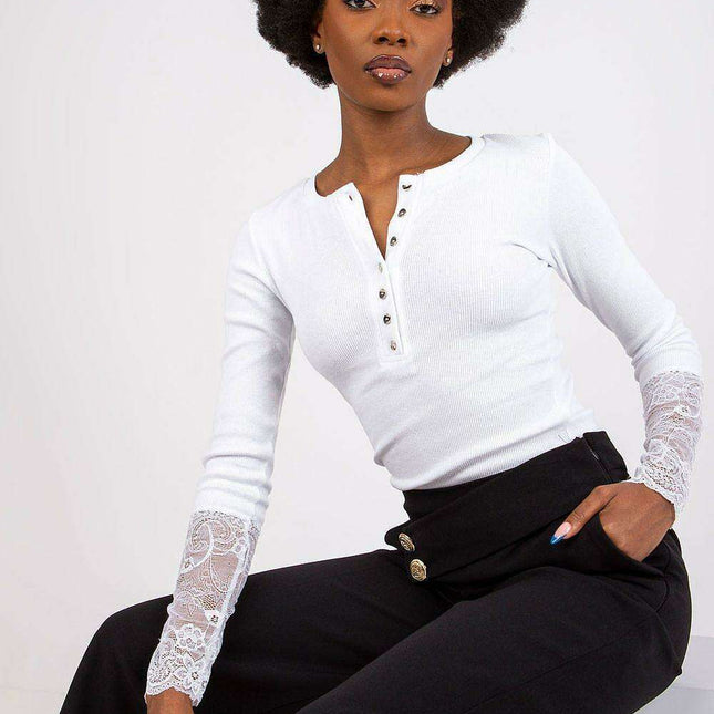 Lace Trimmed Ribbed Elegance Blouse For Women European Made